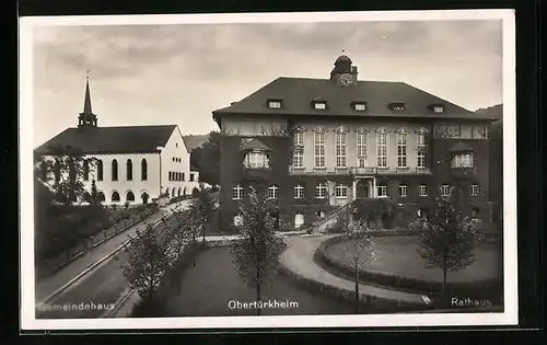AK Obertürkheim, Strassenpartie mit Gemeindehaus und Rathaus