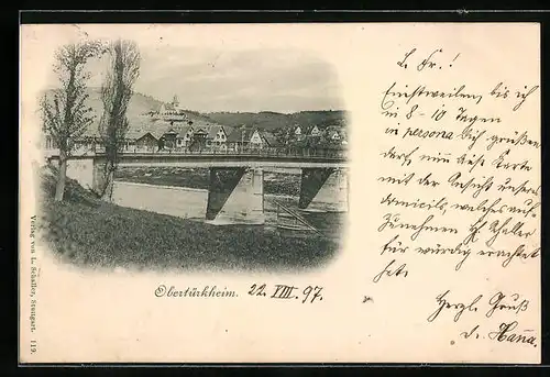 AK Obertürkheim, Uferpartie mit Brücke