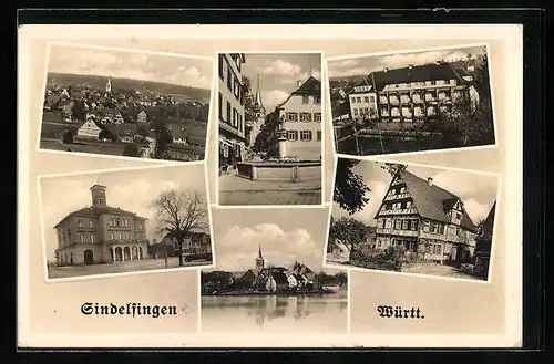 AK Sindelfingen /Württ., Gebäudeansicht, Brunnen, Strassenpartie mit Fachwerkhaus