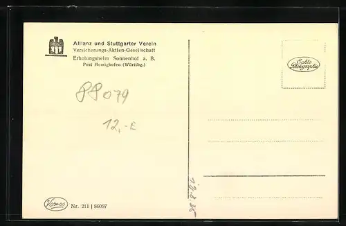 AK Hemigkofen /Württbg., Allianz und Stuttgarter Verein Versicherungs-Aktien-Gesellschaft, Erholungsheim Sonnenhof a. B.