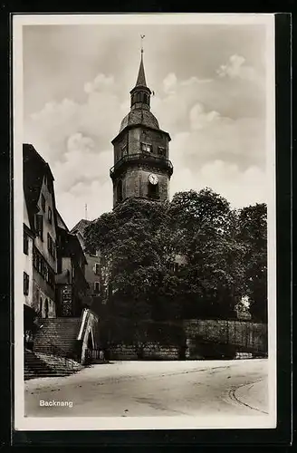 AK Backnang, Strassenpartie mit Uhrenturm