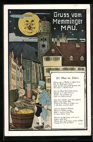 Künstler-AK Memmingen, Memminger Mau, Ortspartie mit Mond