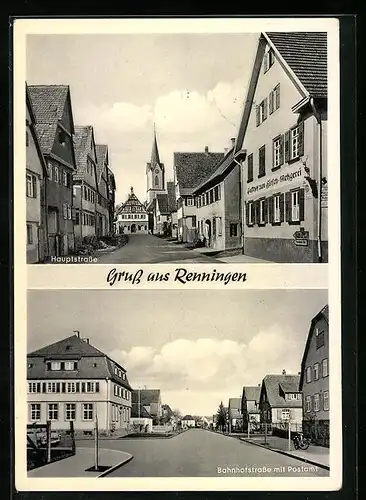 AK Renningen, Hauptstrasse, Bahnhofstrasse mit Postamt