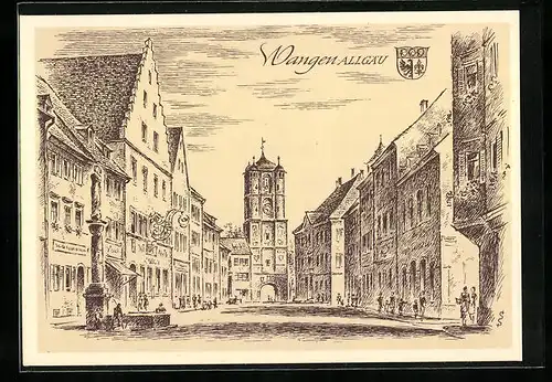 Künstler-AK Wangen /Allgäu, Strassenpartie mit Tor