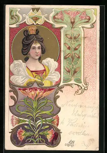 Lithographie Junge Frau mit reichem Haarschmuck und Ohrringen, Jugendstil
