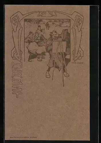 Künstler-AK sign. Ernst Lübbert: Herbst, Maler wird von Frauen in Tracht beobachtet, Jugendstil