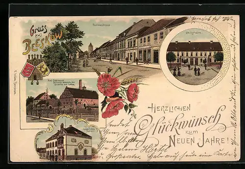 Lithographie Beeskow, Berlinerstrasse, Schule, Kaiserliches Postamt, Amtsgebäude
