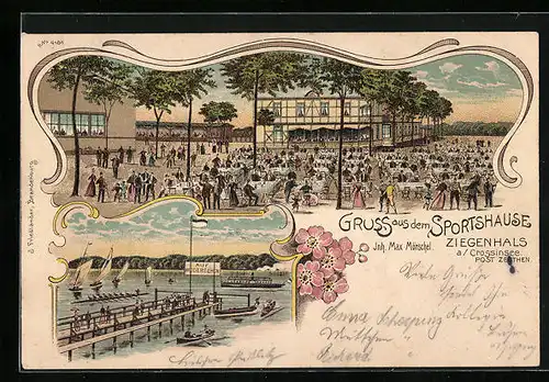 Lithographie Ziegenhals, Gasthof Sporthaus von Max Mörschel