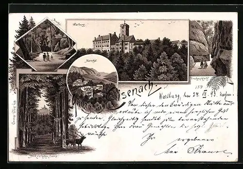 Vorläufer-Lithographie Eisenach, 1893, Wartburg, Drachenschlucht, Marienthal