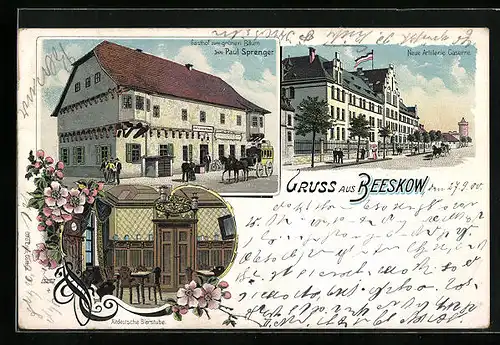 Lithographie Beeskow, Gasthof zum grünen Baum, Neue Artillerie-Kaserne