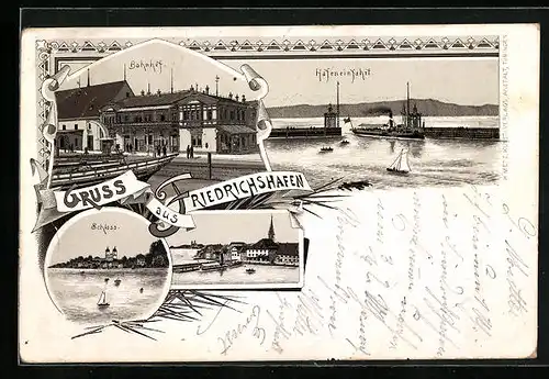 Vorläufer-Lithographie Friedrichshafen, 1895, Bahnhof, Hafeneinfahrt mit Dampfer, Schloss