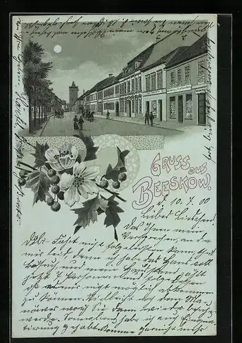 Mondschein-Lithographie Beeskow, Strassenpartie mit Geschäften