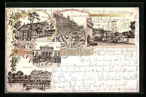 Lithographie Bad Elmen, Schwanenteich, Molkerei, Spielplatz am Gradirwerk