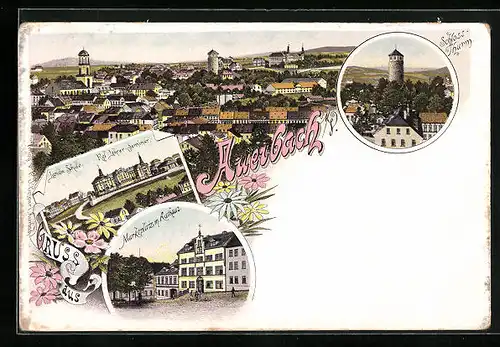 Lithographie Auerbach i. V., Totalansicht, Schlossturm, Marktplatz mit Rathaus