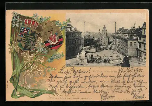 Passepartout-Lithographie Gotha, Blick vom Marktplatz auf die Stadt, Stadtwappen