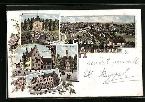 Lithographie Aschersleben, Gymnasium, Kriegerdenkmal, Rathaus