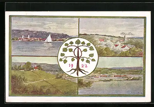 Künstler-AK Lindau, Festpostkarte zur Vereinigungs-Feier 1922, Ortsansichten, Wappen