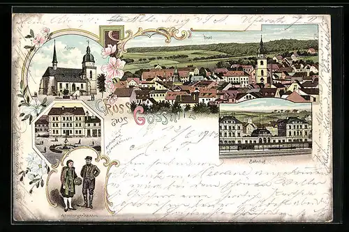 Lithographie Gössnitz, Kirche, Totalansicht, Bahnhof, Altenburger Trachten