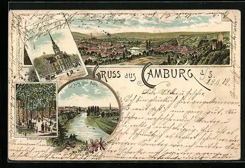 Lithographie Camburg, Gasthaus Rathskeller, Cyriakskirche, Totalansicht