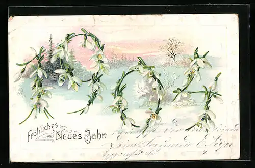 Präge-AK Jahreszahl 1904 in Form von Schneeglöckchen zum Neuen Jahr