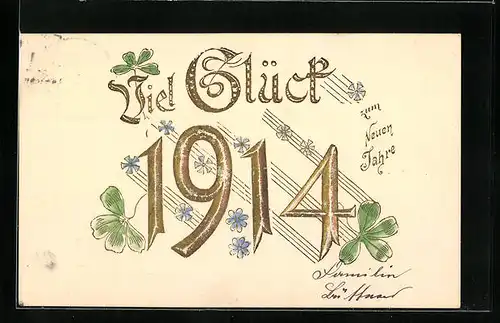 Präge-AK Kleeblatt und Jahreszahl 1914