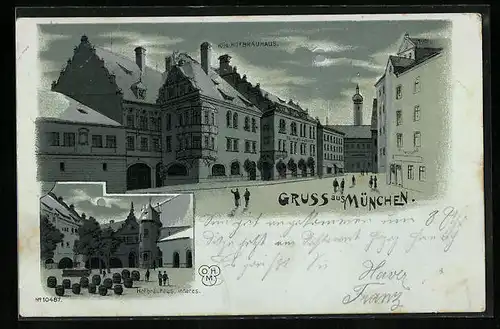 Mondschein-Lithographie München, Gasthof Münchner Hofbräuhaus, Strassenseite und Innenhof