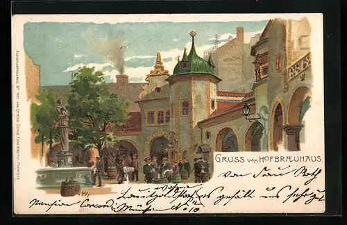 Künstler-AK München, Gasthof Münchner Hofbräuhaus im Sonnenschein