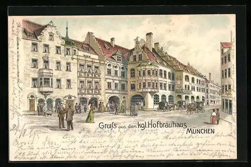 Lithographie München, Gasthof Münchner Hofbräuhaus, Passanten und Kutschen