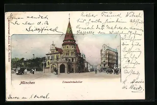 AK München, Gasthof Löwenbräu-Keller und Strassenblick
