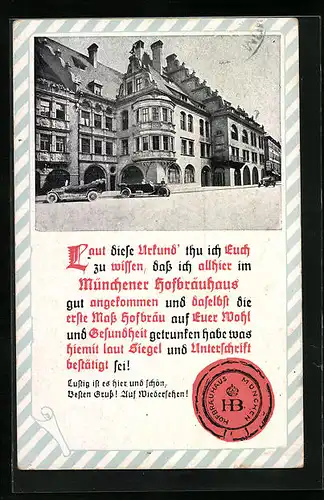 AK München, Gasthof Hofbräuhaus mit parkenden Autos davor