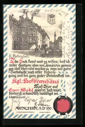 Präge-AK München, Gasthof Hofbräuhaus mit Passanten davor