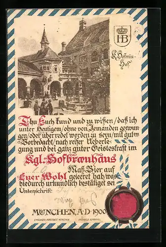 Präge-AK München, Gasthof Hofbräuhaus mit trinkenden Gästen davor