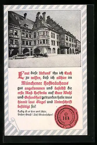 AK München, Gasthof Hofbräuhaus mit parkenden Autos davor