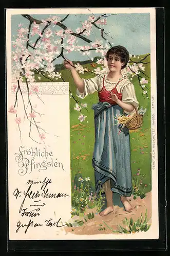 AK Junge Frau pflückt Blätter vom Baum, Pfingsten