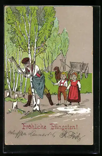 Künstler-AK Mann fällt kleinen Baum mit seinen Kindern, Pfingsten