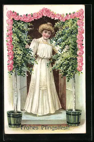 Präge-AK Junge Frau in weissem Kleid, Pfingsten