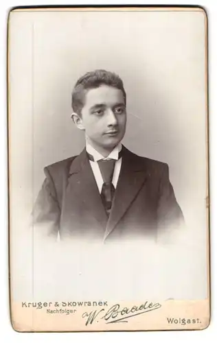 Fotografie W. Baader, Wolgast, Junger Bursche mit grosser Krawatte
