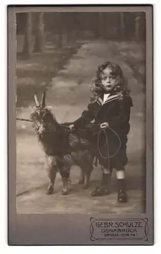 Fotografie Gebr. Schulze, Osnabrück, Grosse-Str. 19, Portrait kleines Mädchen mit Locken samt Ziege im Atelier