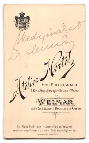 Fotografie Atelier Hertel, Weimar, Deinhardts-Gasse 22, Portrait Medizinalrat Dr. Flemming mit Vollbart im Anzug