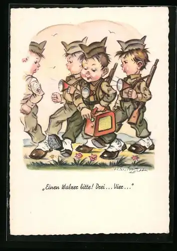 Künstler-AK Amerikanische Soldaten in Uniform mit Radio