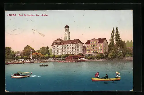 Künstler-AK Bad Schachen bei Lindau, Teilansicht von der Stadt mit Hafen