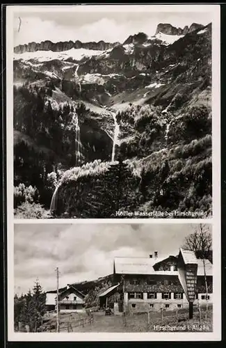 AK Hirschgrund / Balderschwang, Häuser und Wegkreuz, Kössler Wasserfälle