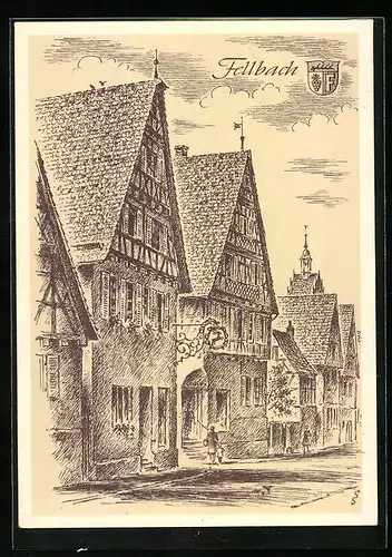 Künstler-AK Fellbach, Alte Häuser, Gasthaus Hirsch