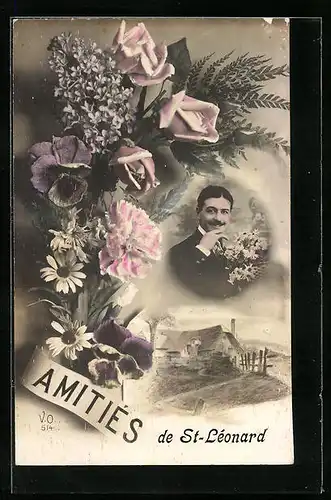 AK St-Léonard, Amitiés, Herr mit Blumenstrauss