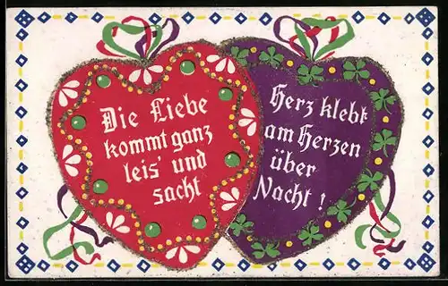 AK Lebkuchenherzen, Die Liebe kommt ganz leis` und sacht - Herz klebt am Herzen über Nacht!