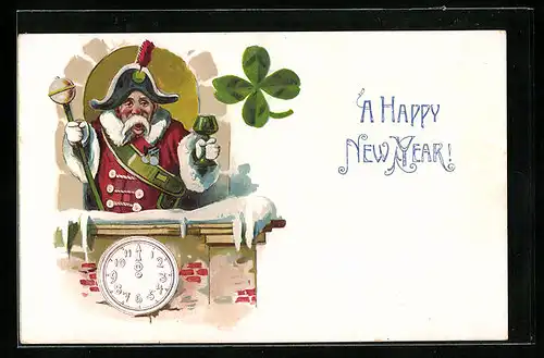 Künstler-AK Neujahrsgruss, Tambour Major, Glücksklee