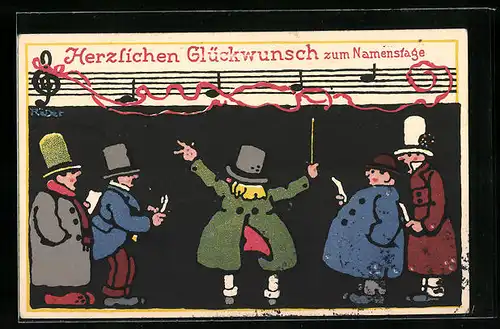 AK Herzlichen Glückwunsch zum Namenstag, Gratulanten singen ein Ständchen