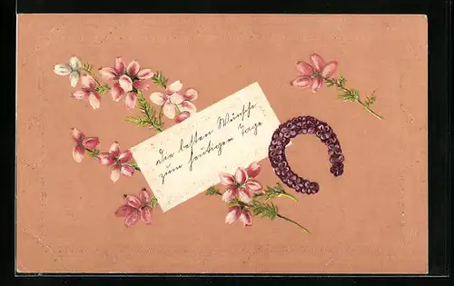 Präge-AK Grusskarte, Hufeisen aus Veilchen