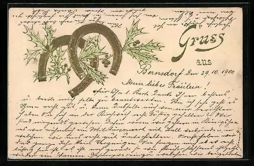 Präge-AK Hufeisen und Stechpalmenzweige