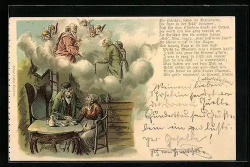 Lithographie Altes Paar sinniert über den Aufstieg ins Himmelreich